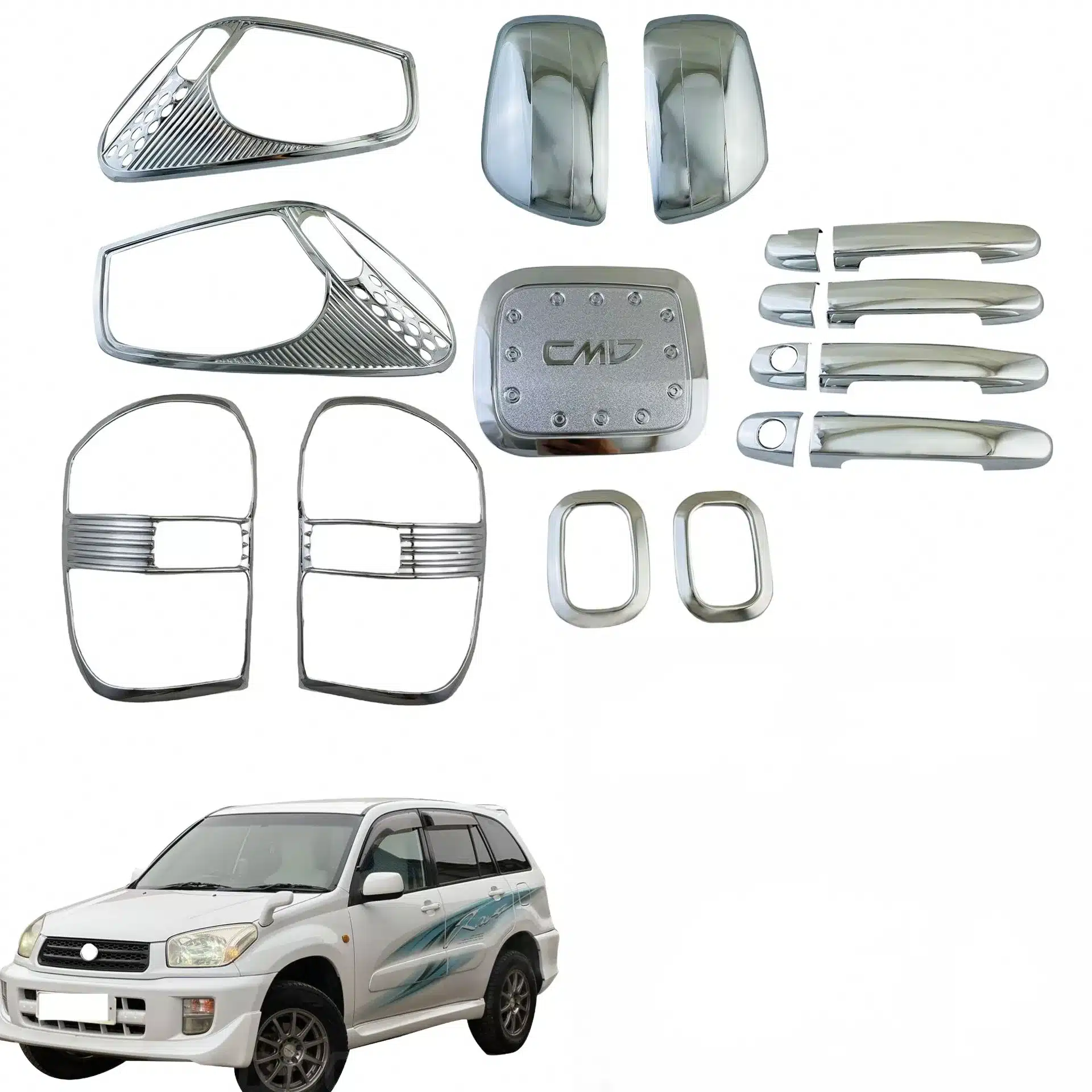 Chrome Exterior Trim Kit for Toyota RAV4 2001-2004, Headlight and Taillight Cover with Mirror Caps, 8-Piece Set