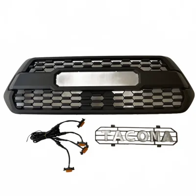 Matte Black Front Grille with Letter Emblem and 3 LED Amber Lights for 2016-2018 Toyota Tacoma Matte Black Front Grille with Letter Emblem and 3 LED Amber Lights for 2016-2018 Toyota Tacoma