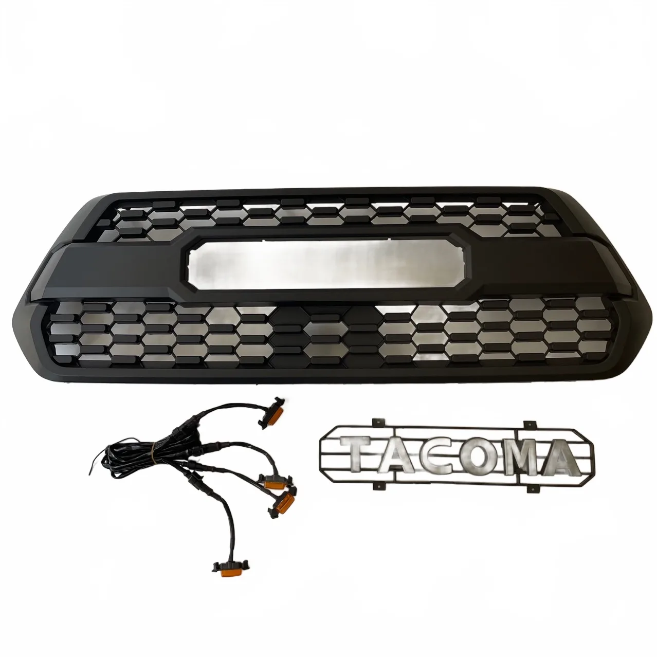 Matte Black Front Grille with Letter Emblem and 3 LED Amber Lights for 2016-2018 Toyota Tacoma