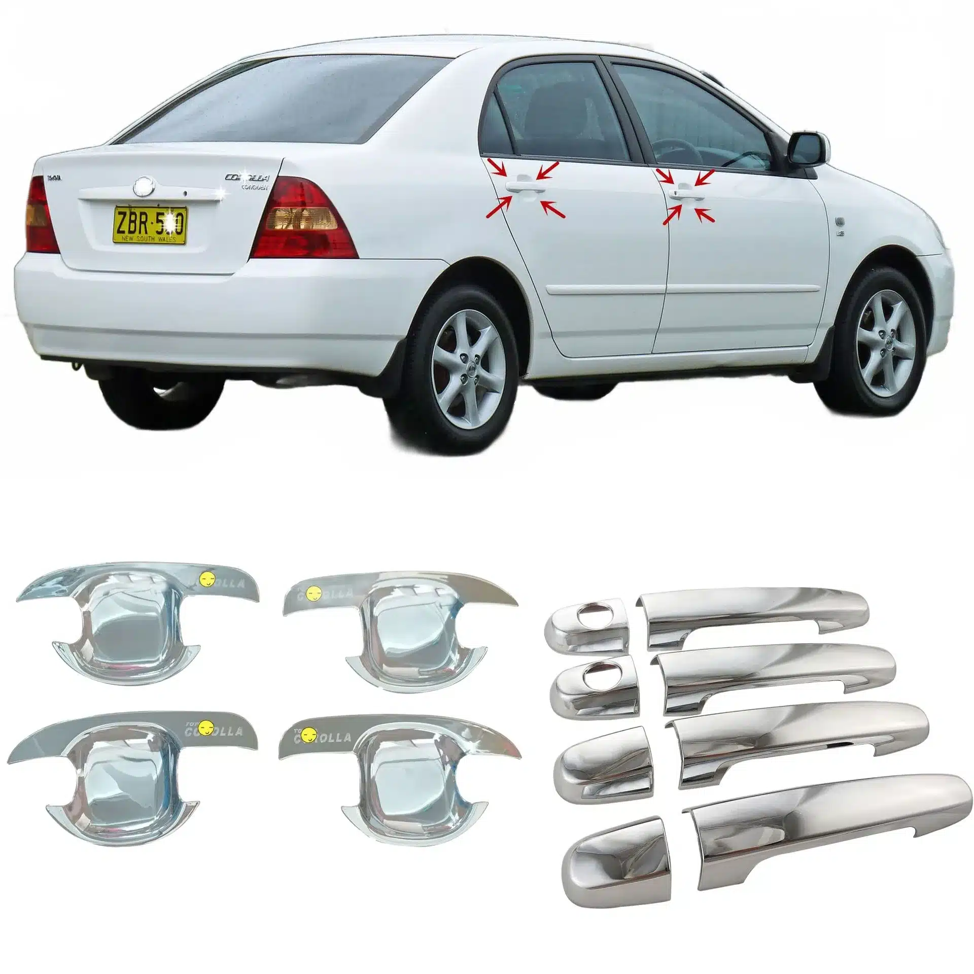 Chrome Exterior Door Handle Cover and Bowl Trim for Toyota Corolla 2001-2007 Sets