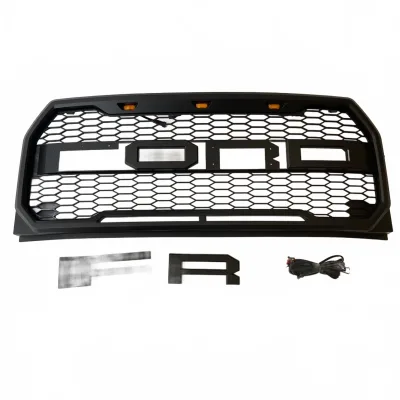 Matte Black Raptor Style Front Grille with Amber LED Lights and Letters for 2015-2017 Ford F-150 Matte Black Raptor Style Front Grille with Amber LED Lights and Letters for 2015-2017 Ford F-150