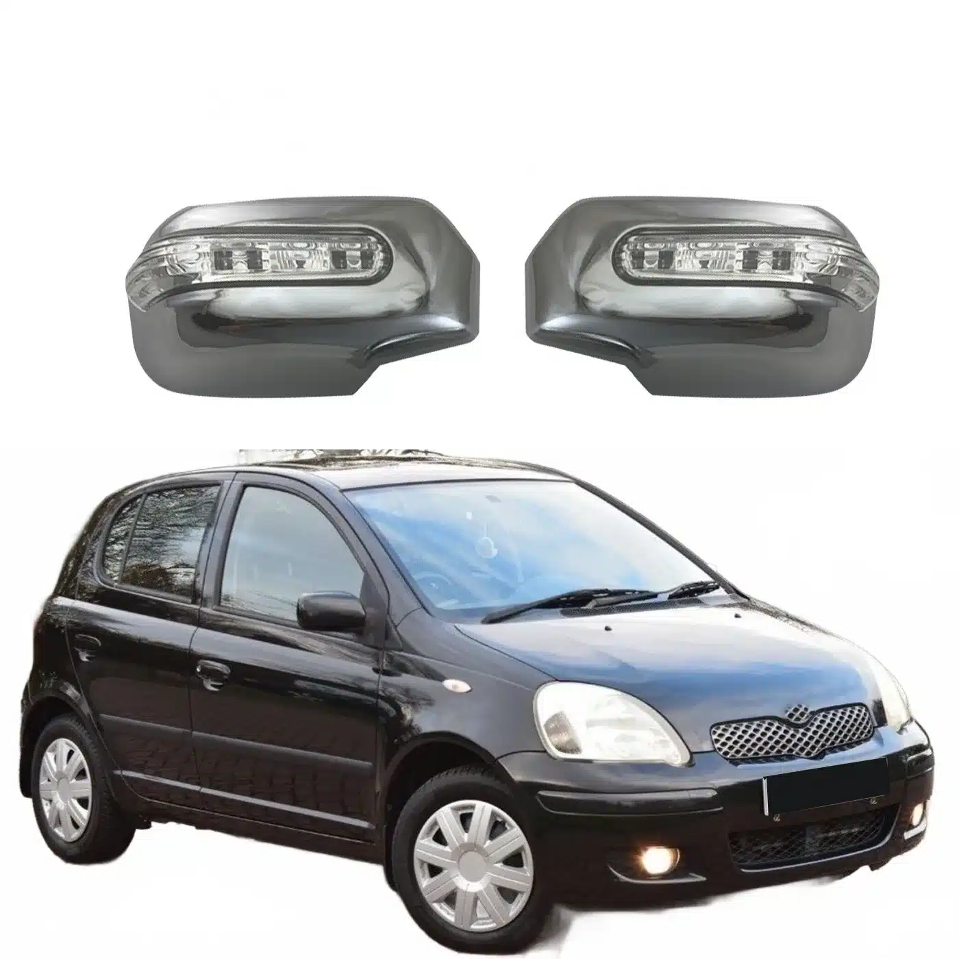 LED Chrome Side Mirror Cover with Indicators for Toyota Vitz Yaris 1998-2003 Pair
