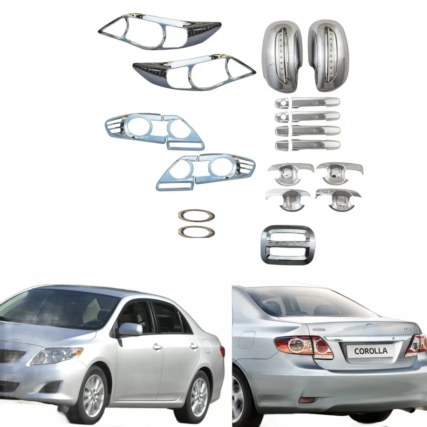 Chrome Exterior Accessory Kit for 2011 Toyota Corolla Trim Accents Door Handle Covers Tail Light Guard Mirror Cover Gas Tank Cap