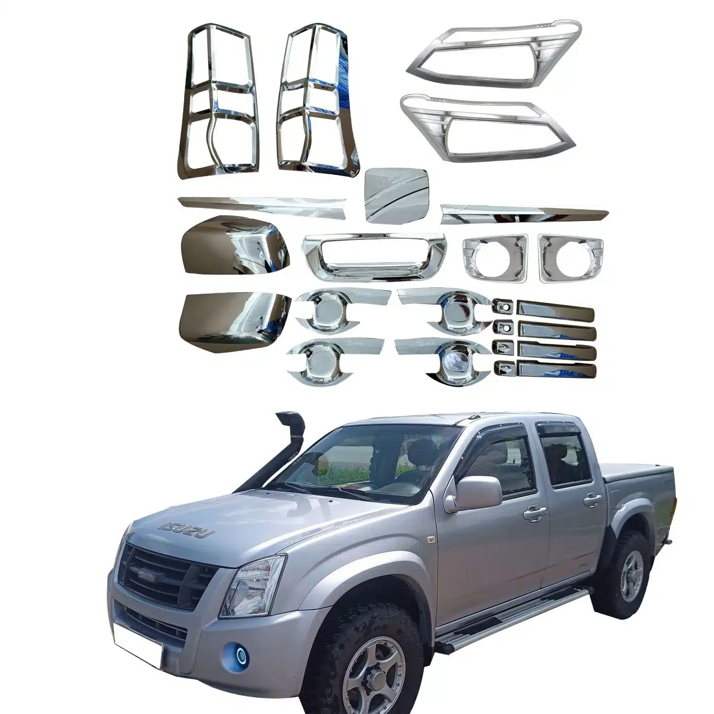 Full Exterior Chrome Trim Cover Set for 2012 Isuzu D-MAX, ABS Door Handle Mirror and Headlight Housing Accents