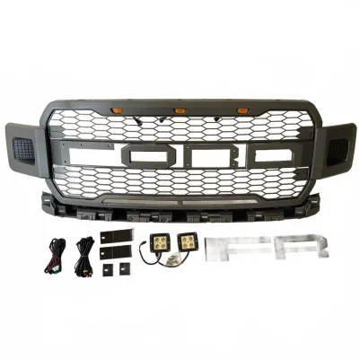 Matte Black Raptor Style Front Grille with Amber LED Lights and Spotlights for 2018-2020 Ford F150 Matte Black Raptor Style Front Grille with Amber LED Lights and Spotlights for 2018-2020 Ford F150