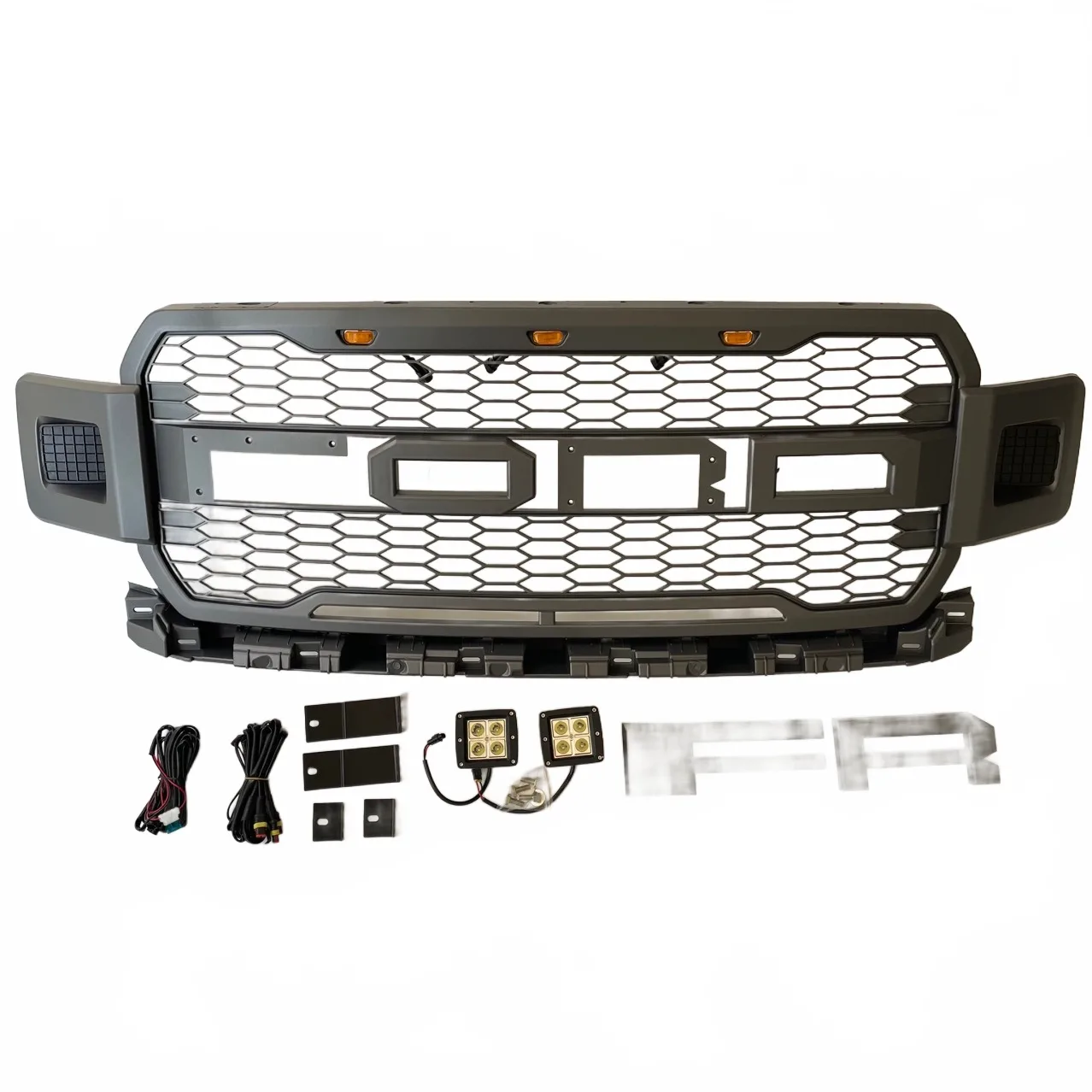 Matte Black Raptor Style Front Grille with Amber LED Lights and Spotlights for 2018-2020 Ford F150