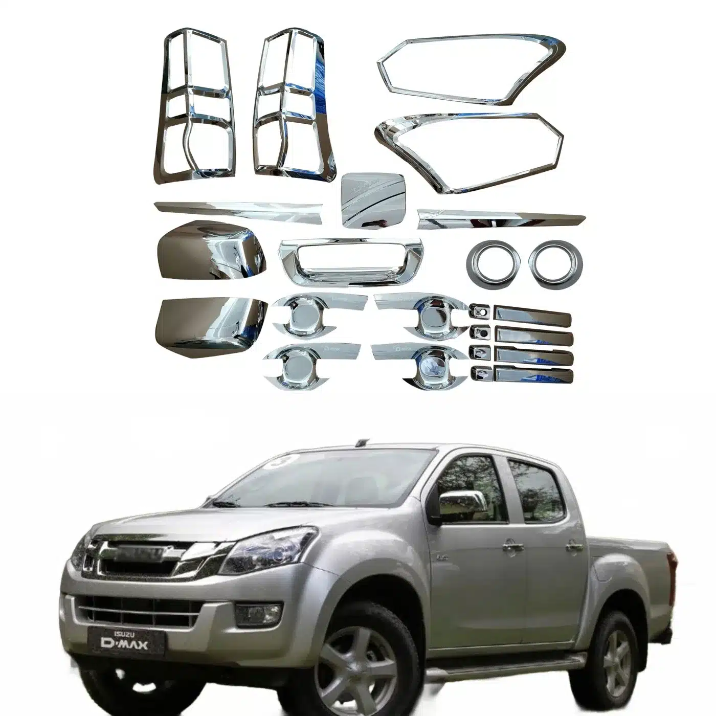 Full Exterior Chrome Trim Accessories Set for 2016 Isuzu D-MAX, ABS Door Handle, Side Mirror, and Headlight Covers