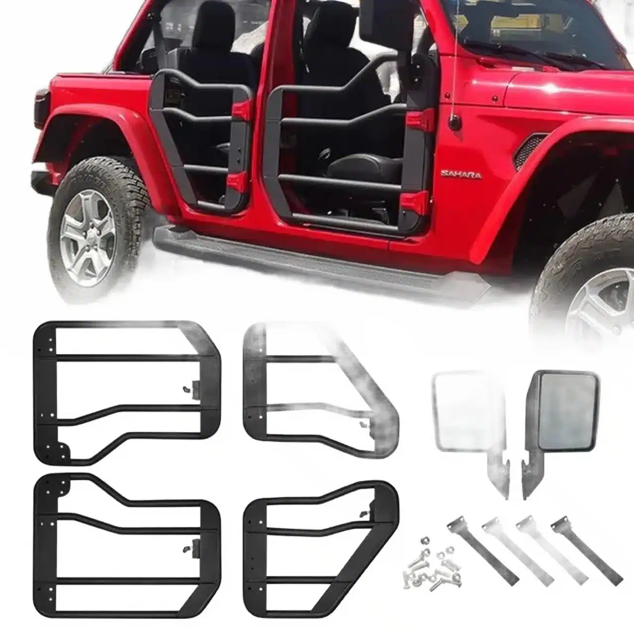 Black Tubular Safari Half Doors with Side View Mirrors for Jeep Wrangler JL & Gladiator JT 2018-2024 4-Door