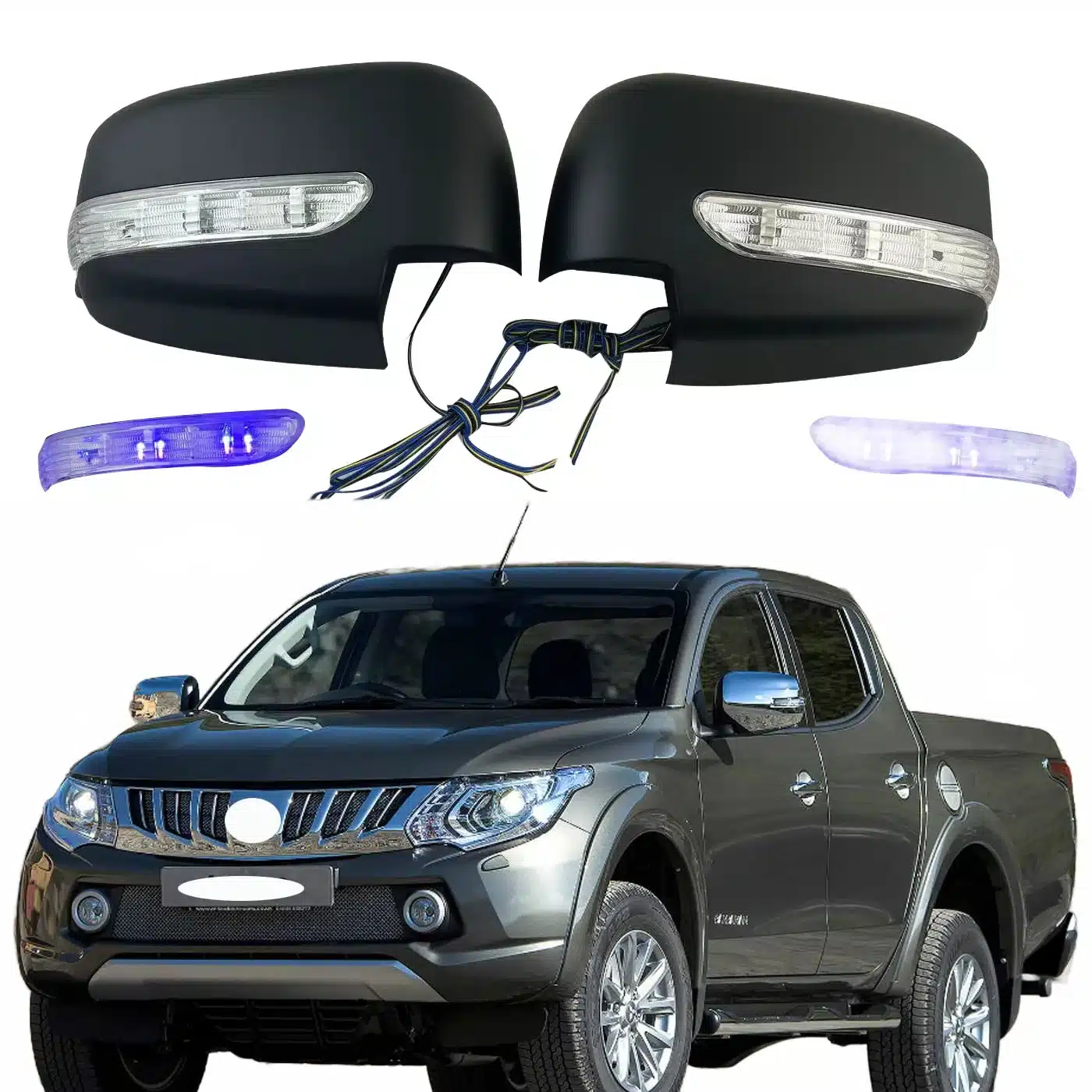 Matte Black Side Mirror Cover with LED Indicator Lights for Mitsubishi Triton L200 2005-2015