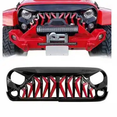 Aggressive Shark Grille Front Hood Bumper Grille Matte Black and Red for 2007-2017 Jeep Wrangler JK JKU