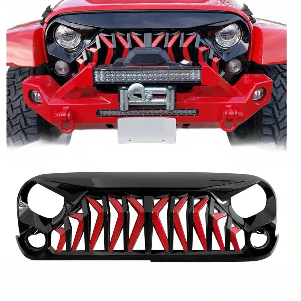Aggressive Shark Grille Front Hood Bumper Grille Matte Black and Red for 2007-2017 Jeep Wrangler JK JKU