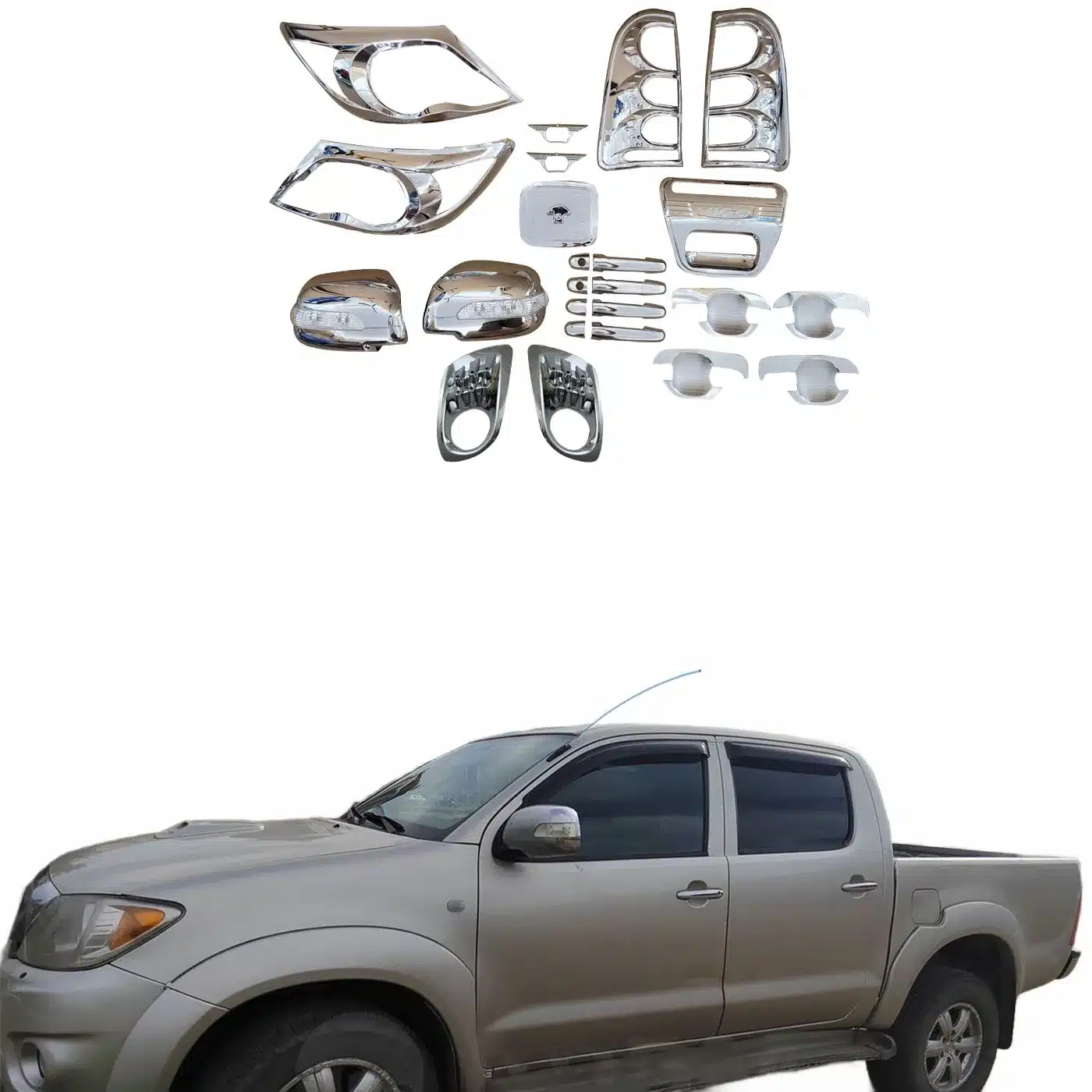 Chrome Exterior Trim Kit for Toyota Hilux Vigo 2005-2011, Door Handle Covers, Mirror Covers and Headlight Taillight Trim Set