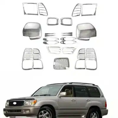 Chrome Exterior Trim Set for Toyota Land Cruiser FJ100 1998-2005 – Door Handle Covers, Side Mirror Overlays, and Light Guards Chrome Exterior Trim Set for Toyota Land Cruiser FJ100 1998-2005 – Door Handle Covers, Side Mirror Overlays, and Light Guards