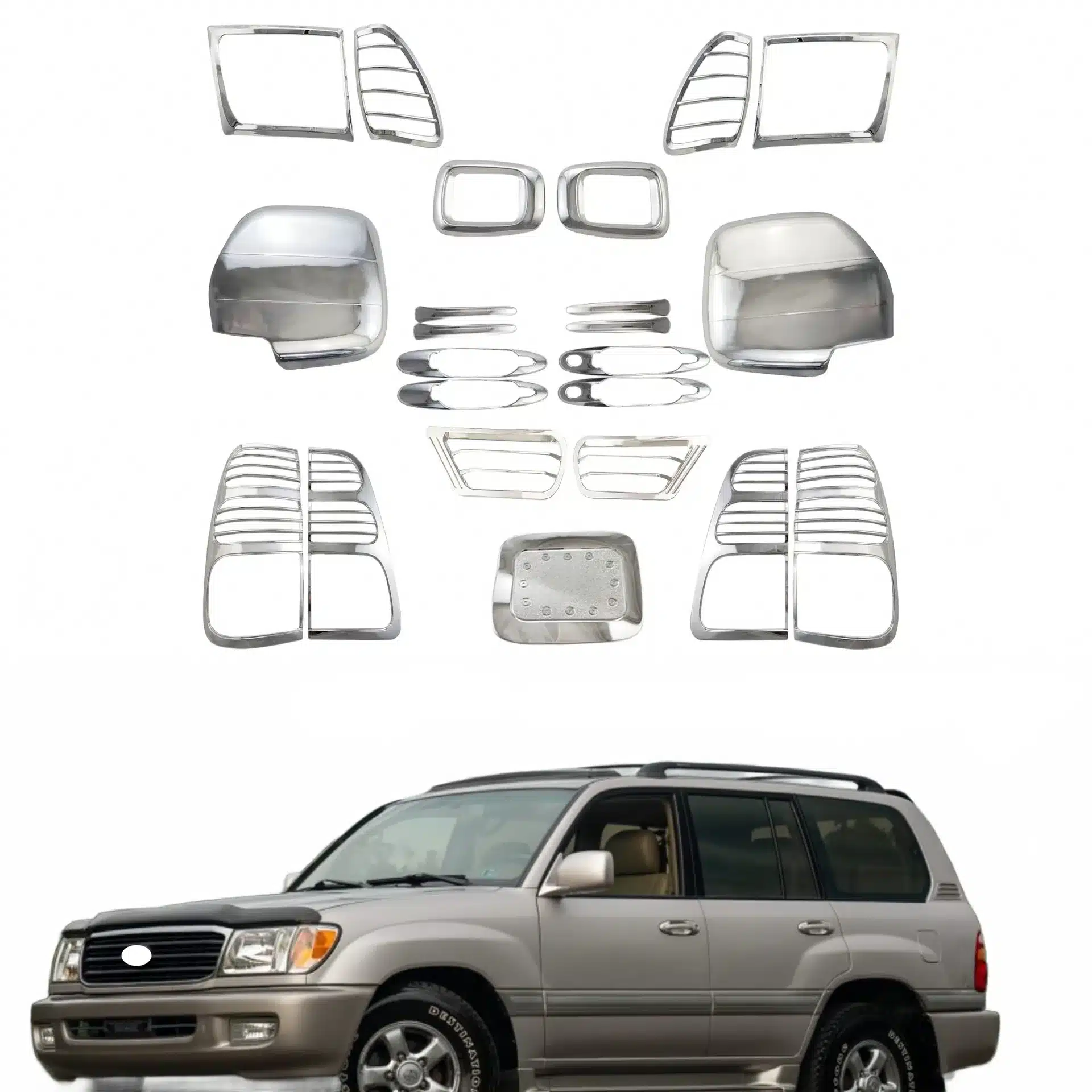 Chrome Exterior Trim Set for Toyota Land Cruiser FJ100 1998-2005 – Door Handle Covers, Side Mirror Overlays, and Light Guards
