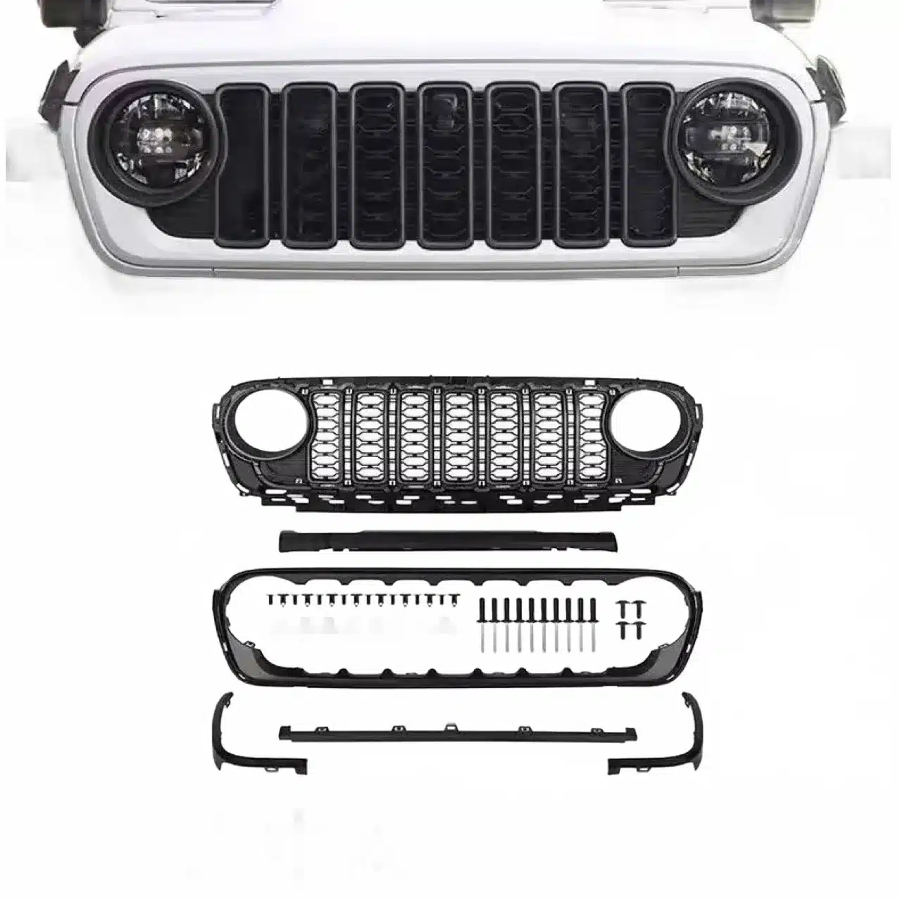 Matte Black Front Grille Mesh Insert with Camera Hole for 2018-2024 Jeep Wrangler JL & Gladiator JT