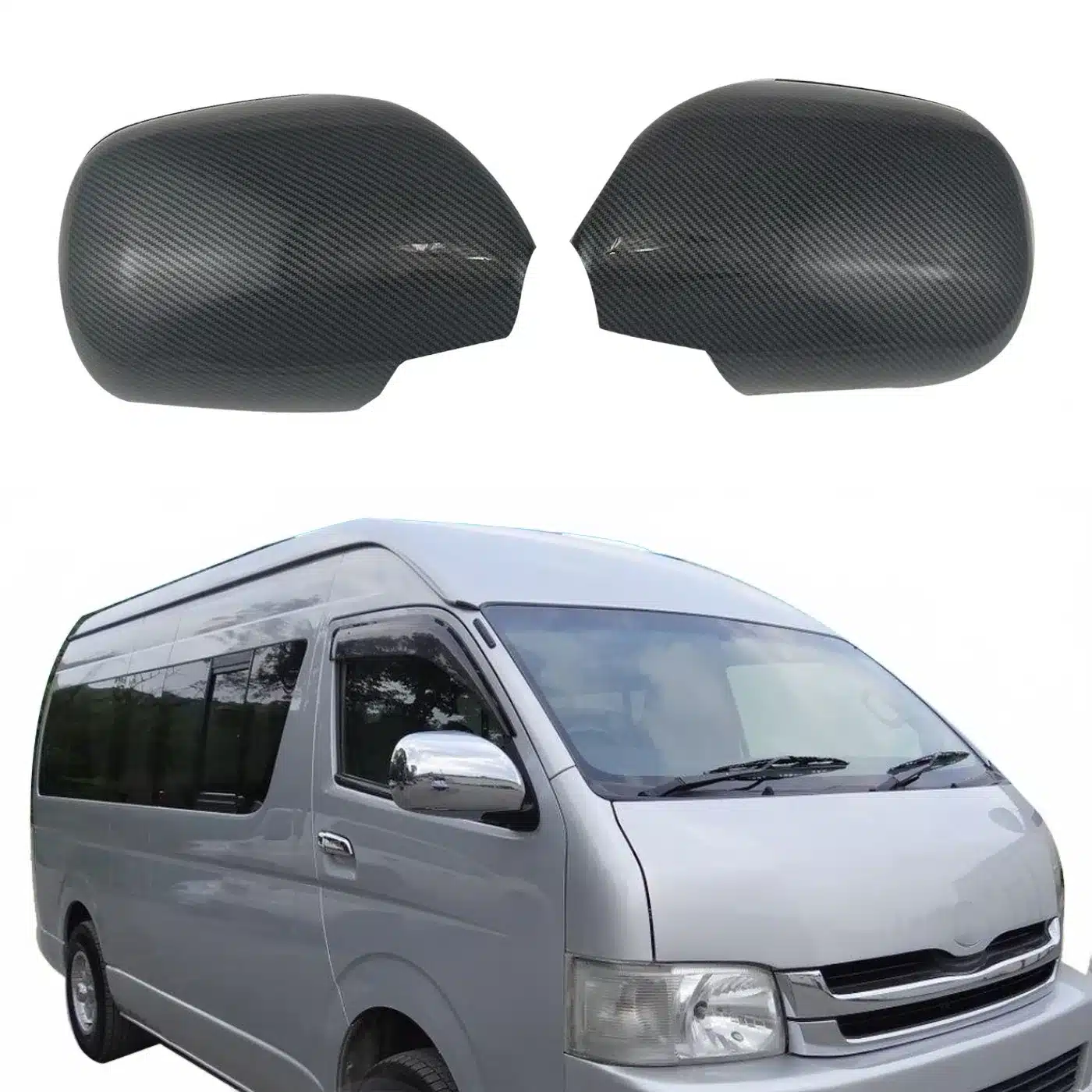 Rear View Mirror Cover Pair Carbon Fiber Style Exterior Caps for Toyota Hiace Commuter 2006-2016
