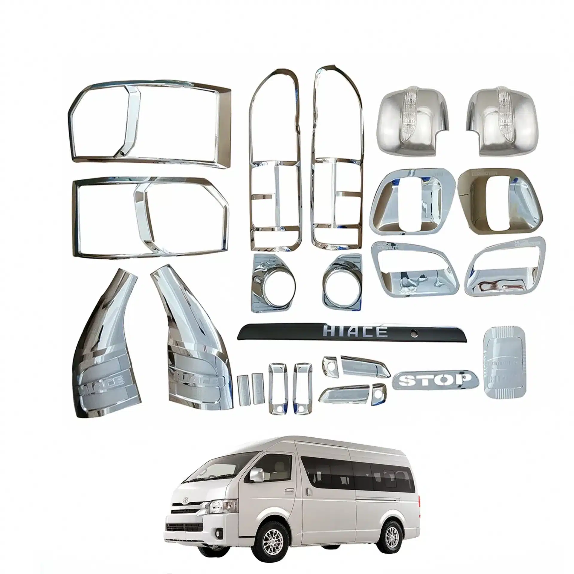 Chrome Exterior Decoration Kit Compatible for Toyota Hiace 2016 Including Door Handle Covers Mirror Covers and Door Bowl Protectors