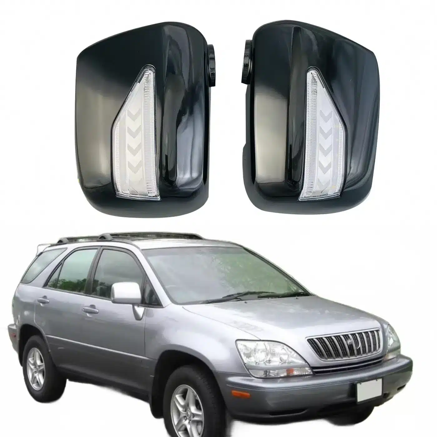 Rearview Side Mirror Covers with Integrated LED Light Patterns in Glossy Black for Lexus RX300