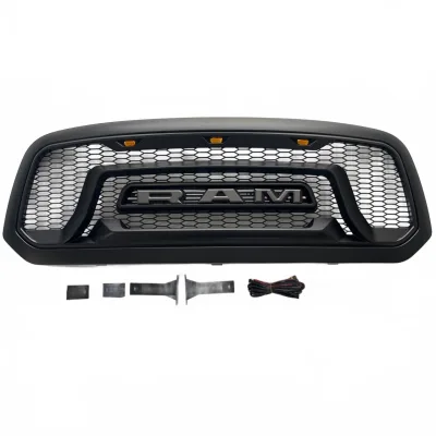 Front Hood Grille Rebel Style with LED Amber Marker Lights & Letters for 2013-2018 Dodge Ram 1500, Matte Black Honeycomb Mesh Front Hood Grille Rebel Style with LED Amber Marker Lights & Letters for 2013-2018 Dodge Ram 1500, Matte Black Honeycomb Mesh