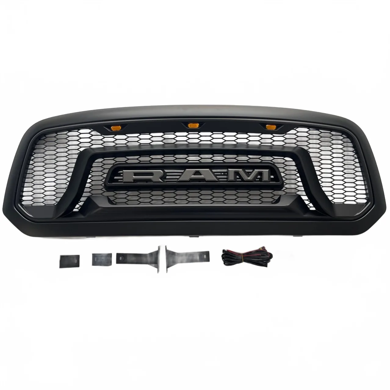 Front Hood Grille Rebel Style with LED Amber Marker Lights & Letters for 2013-2018 Dodge Ram 1500, Matte Black Honeycomb Mesh