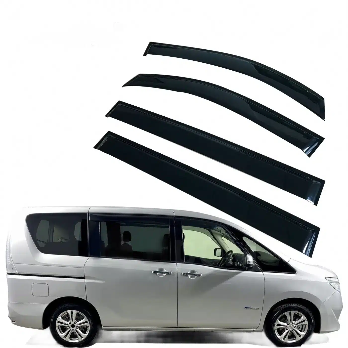 Black Plastic Window Deflectors and Rain Guards for Nissan Serena, Exterior Side Window Sun Vent Shade, Set of 4