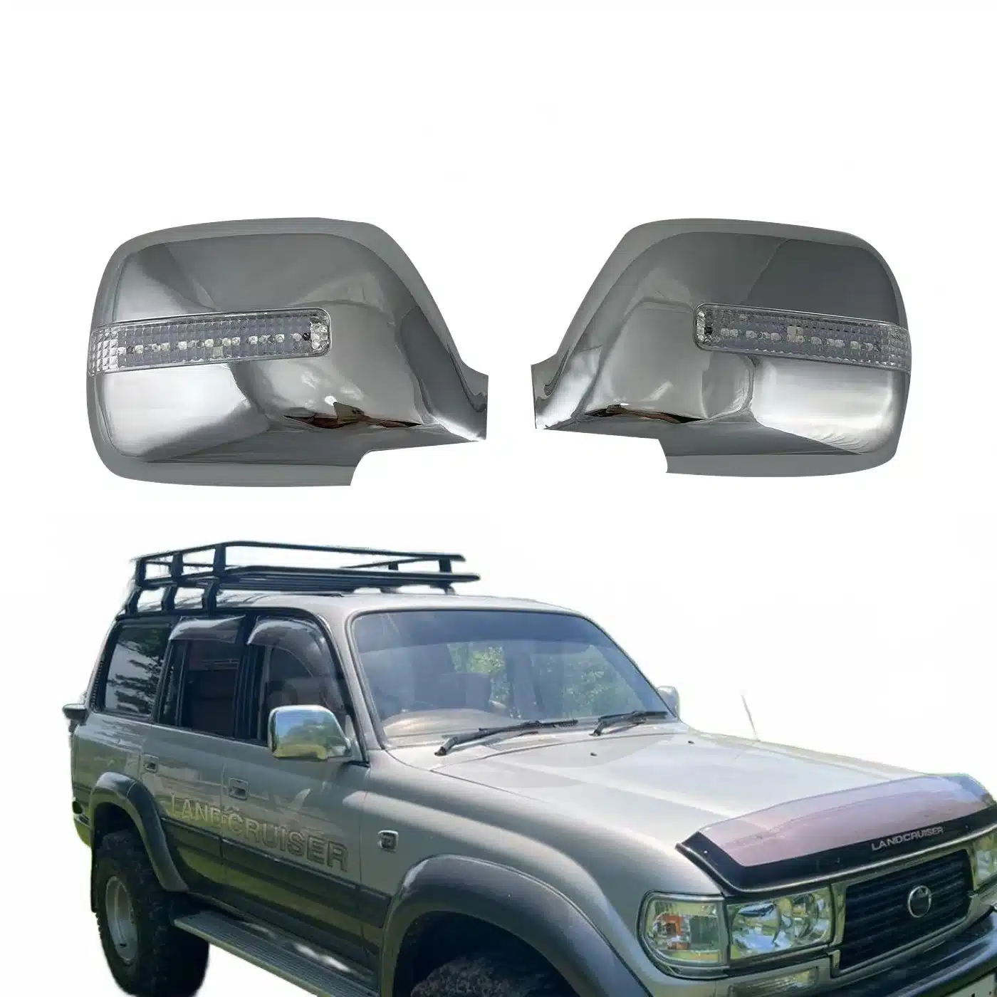 Chrome Plated ABS Side Rearview Mirror Covers with Integrated LED Signal Lights for Toyota Land Cruiser LC80 FJ80