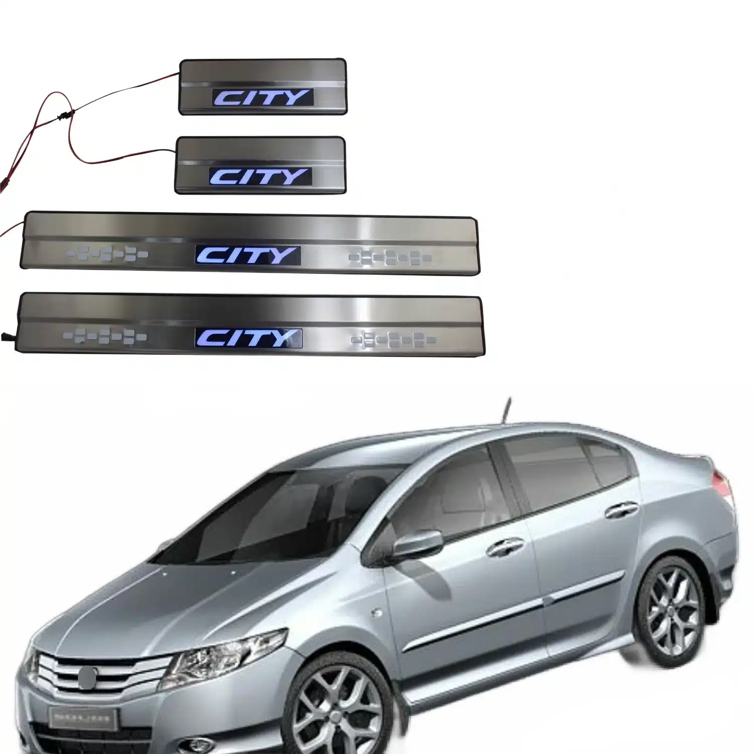 Stainless Steel Door Sill Scuff Plate with LED Light for Honda City 2009-2014, Blue Ambient Welcome Pedal Guard