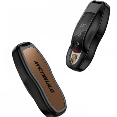 Alloy and Leather Key Fob Cover Case Protector with Keychain for Porsche 911 Cayenne Macan Panamera