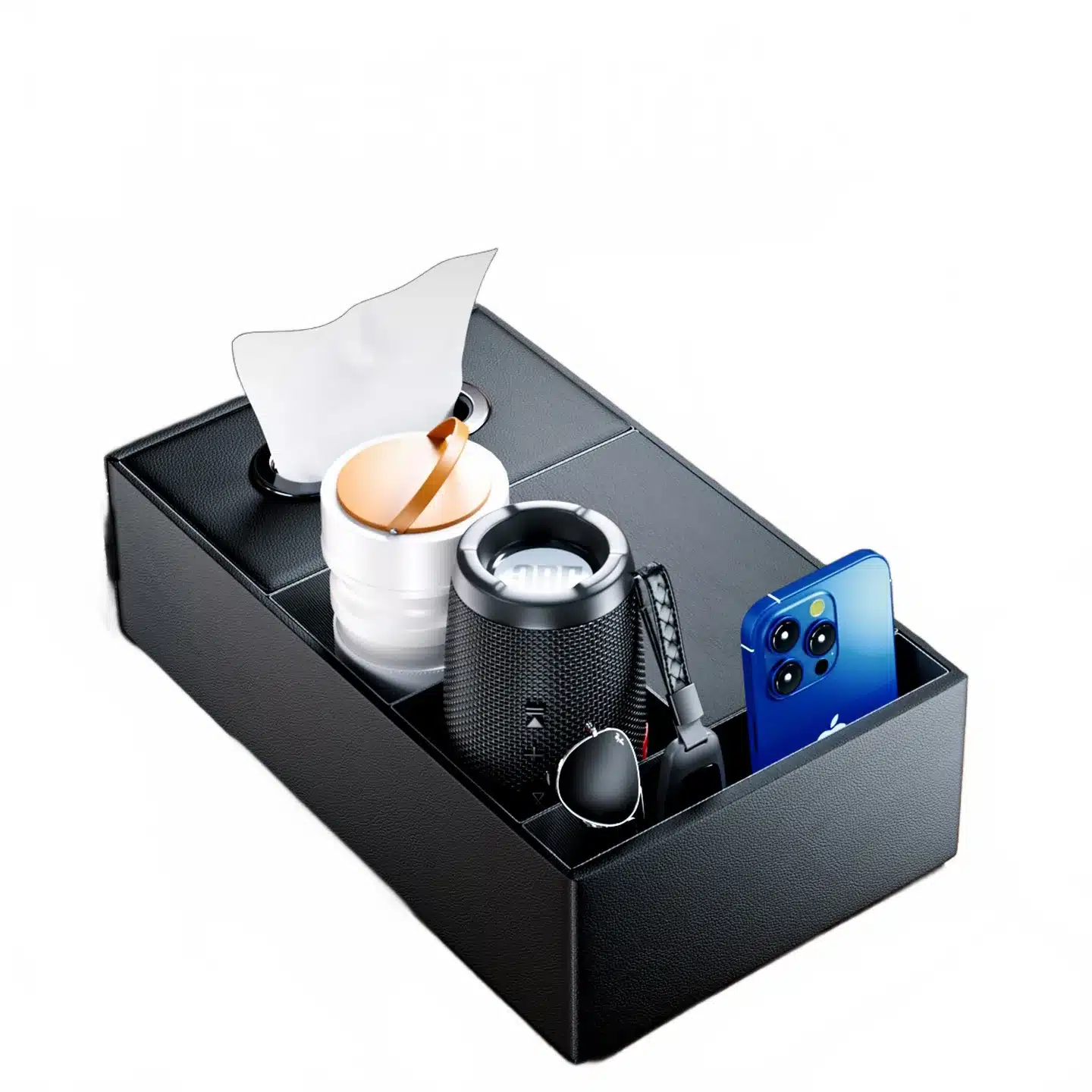 Universal Car Center Console Armrest Organizer with Integrated Tissue Box and Dual Cup Holders