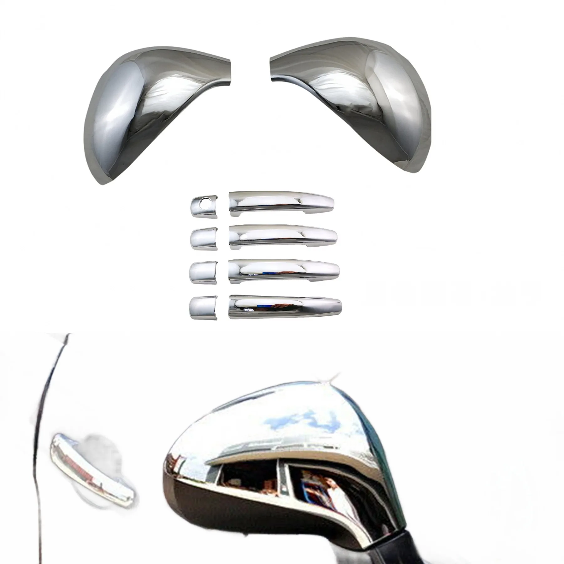 Rearview Mirror Cover Caps and Door Handle Protectors for Peugeot 207 (2006-2014) and 308, Chrome/Glossy Finish, Pair