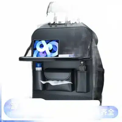 Car Seat Back Organizer with Foldable Tray Table, Multi-Pocket PU Leather Backseat Storage Bag and Kick Mat