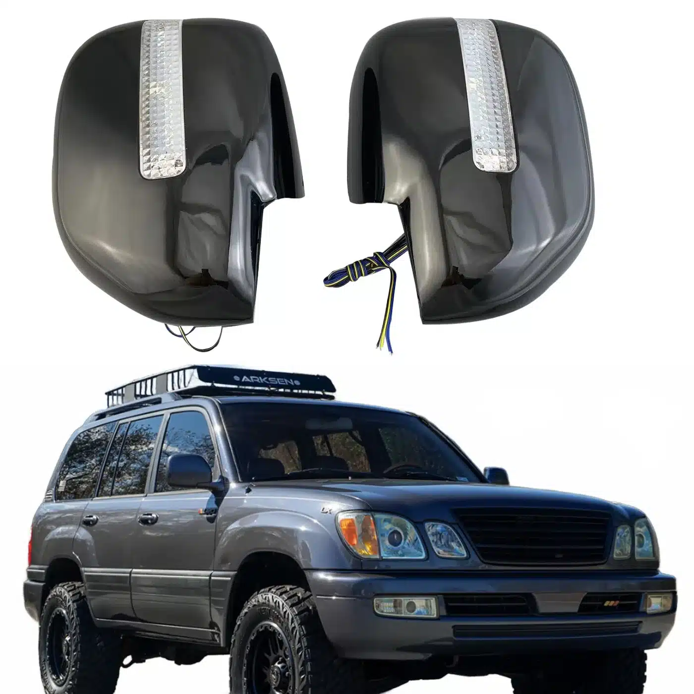 Gloss Black Rearview Mirror Covers with Integrated LED Light Trims for Lexus LX470 (1998-2007)