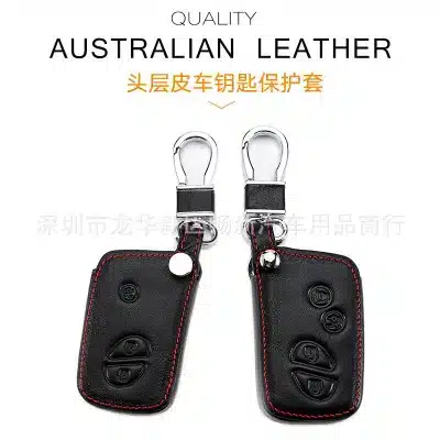 Genuine Leather Car Key Fob Cover Protector for Lexus LX570 GX400 GX460 Middle East Version, 4-Button Black Leather with Black Stitching