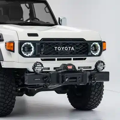Retro Steel Front Bumper with Bull Bar and Winch Mount for Land Cruiser LC71 LC76 LC78 LC79, Matte Black