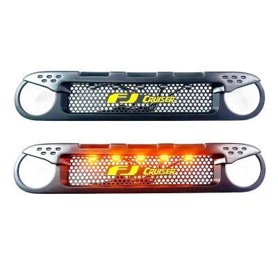 Front Mesh Grille with Amber LED Lights for 2007-2021 Toyota FJ Cruiser, ABS Black