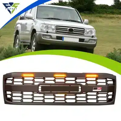 Front Bumper Grille with LED Lights GR Style Replacement for Toyota Land Cruiser LC100 1998-2006 Front Bumper Grille with LED Lights GR Style Replacement for Toyota Land Cruiser LC100 1998-2006