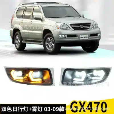 LED Daytime Running Lights with Amber Turn Signals for 2003-2009 Lexus GX470, IP67 Waterproof Fog Lamp Bezel DRL