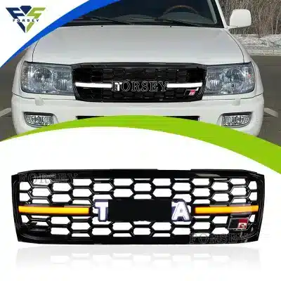 Front Bumper Radiator Grille with LED Lettering for 1998-2007 Toyota Land Cruiser FJ100, Black Plastic Front Bumper Radiator Grille with LED Lettering for 1998-2007 Toyota Land Cruiser FJ100, Black Plastic