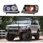 LED Projector Headlight Assembly for 1998-2007 Toyota Land Cruiser LC100, Black Housing with DRL and Sequential Turn Signals