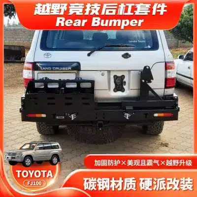 Heavy Duty Rear Bumper Bull Bar with Spare Tire Carrier & Jerry Can Holder for Toyota Land Cruiser LC100 FJ100 1998-2007 Heavy Duty Rear Bumper Bull Bar with Spare Tire Carrier & Jerry Can Holder for Toyota Land Cruiser LC100 FJ100 1998-2007