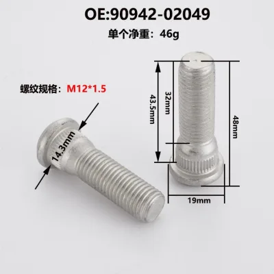 Wheel Hub Stud Bolt M12x1.5 Replacement for Toyota Camry Corolla Prado, OEM 90942-02049 Wheel Hub Stud Bolt M12x1.5 Replacement for Toyota Camry Corolla Prado, OEM 90942-02049